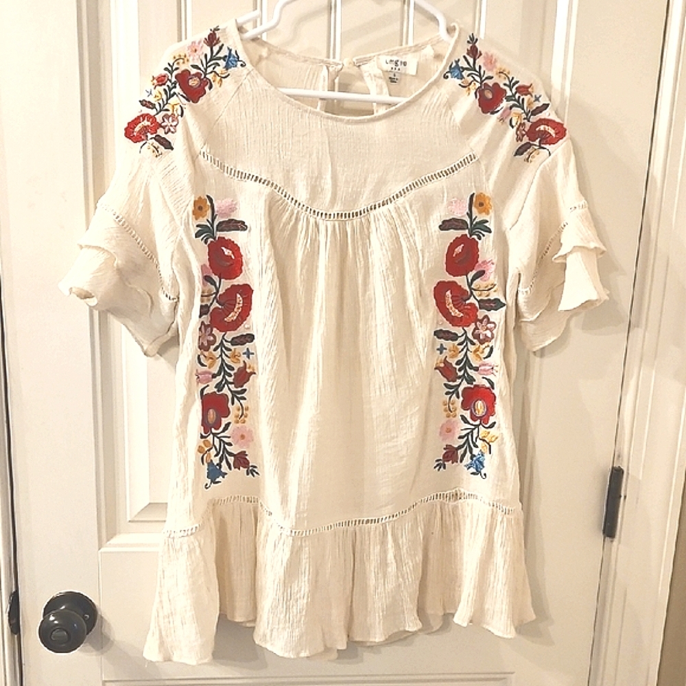 Umgee Cream Blouse with Colorful Floral Embroidery